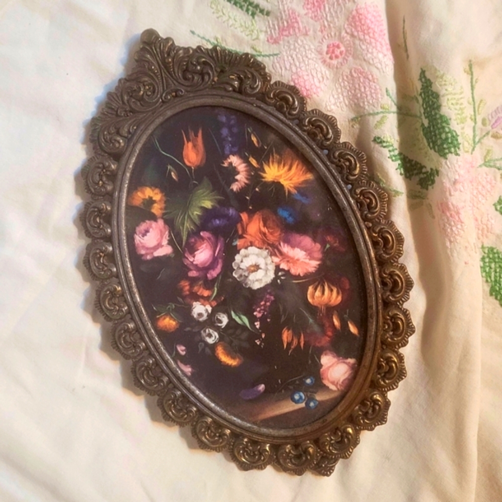 Vintage Floral Print with Ornate Metal Frame